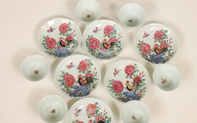 China, a set of six famille rose porcelain 'cockerel' cups and saucers, Qianlong period (1736-1795)