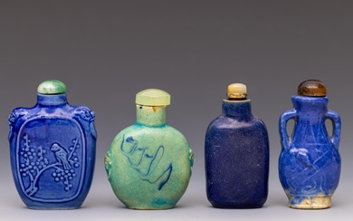 China, four blue and green-glazed porcelain snuff bottles and stoppers, 18th-19th century