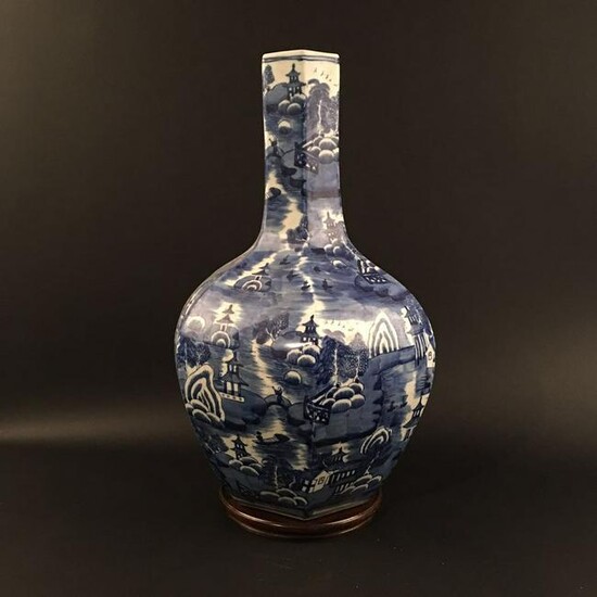 Chinese Blue-White 'Landscape' Hexagon Porcelain Vase
