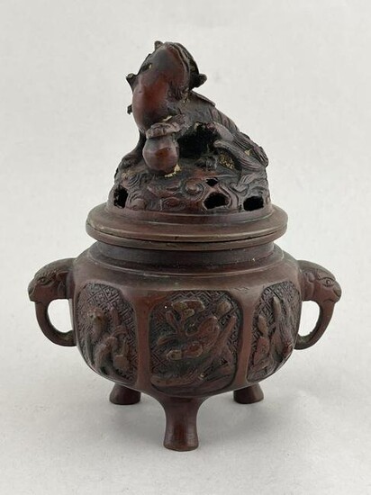 Chinese Bronze Lidded Incense Burner, Foo Lion