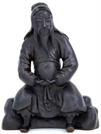 Chinese Dark Patinated Bronze Figure of a Seated Sage