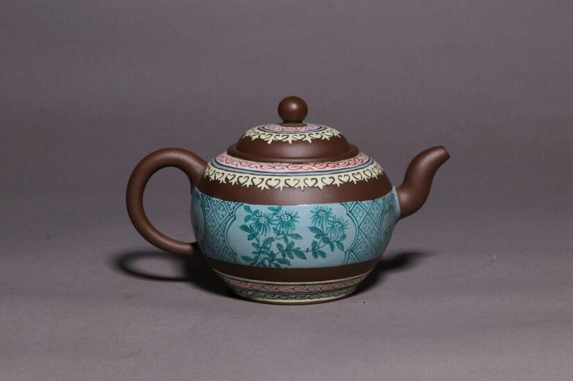 Chinese Enamel Glazed Zisha Teapot,Mark
