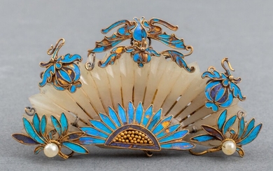 Chinese Jade Kingfisher Feather Gilt Silver Brooch