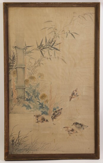 Chinese Painting, Chicks in a Garden with Bamboo and Chrysanthemum, Ink on Paper FR3SHLM