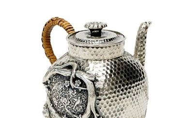 Chinese Tu Mao Xing Silver Hand Hammered Floral Teapot Rattan Handle c. 1900