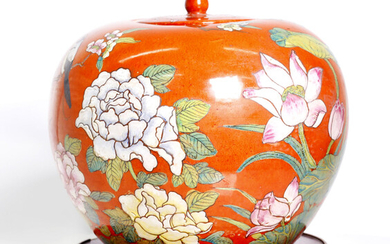 Chinese, antique coral glazed jar, Qing dyn.
