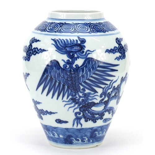 Chinese blue and white porcelain vase hand painted with phoe...