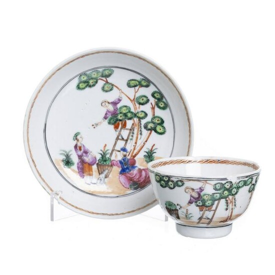 Chinese porcelain 'Cherry picking' teacup & saucer