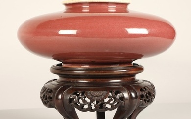 Chinese porcelain red squat vase on hardwood carved stand 10...