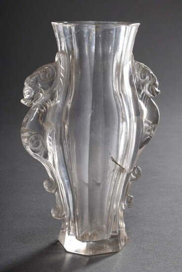 Chinese rock crystal vase with faceted wall and zoomorphic handles, 19th century, h. 14,5cm, crack, bumped