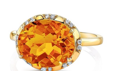 Citrine Checkerboard Oval And Diamond Ring In 14k Yellow Gold