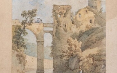 Claude I THIENON (1772-1846) Paysage au pont et à la rivière Aquarelle, signée en bas...