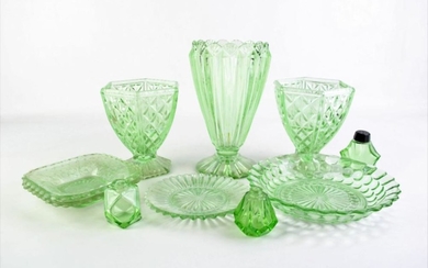 Collection Green Glass Wares inc Vases, Bowls, Dishes and Salt Shakers