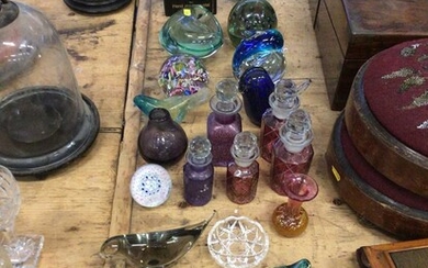 Collection of paperweights, scent bottles and other glass, including Isle of Wight, Langham and Fabergè Style