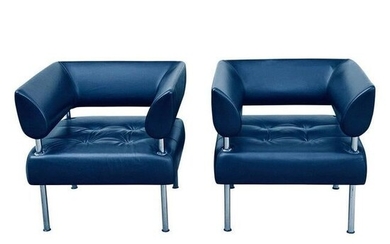 Contemporary Modern Pair of Leather Arm Chairs