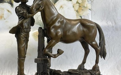 Cowboy Rancher Tending Horse Bronze Statue Sculpture Figure Western Decor 11" x 12"