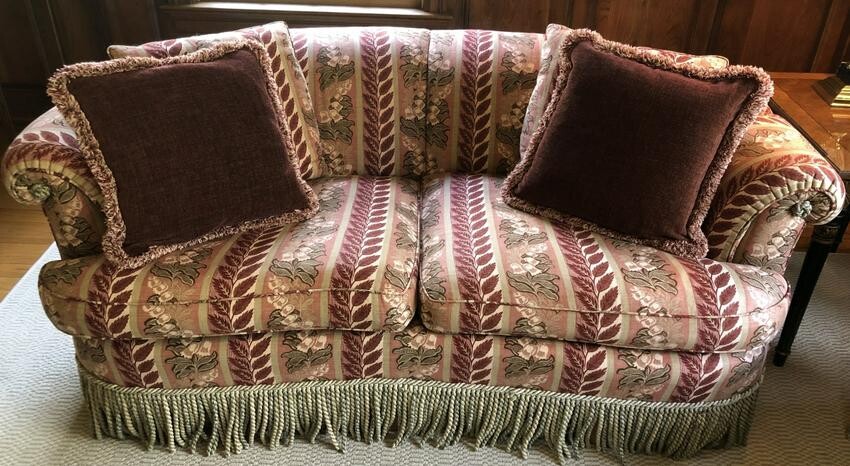 Custom Tapestry Upholstered Kidney Love Seat Trim
