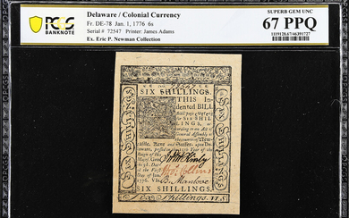 DE-78. Delaware. January 1, 1776. 6 Shillings. PCGS Banknote Superb Gem Uncirculated 67 PPQ.