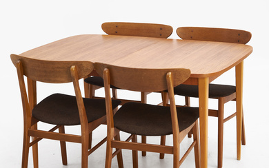 DINING TABLE and CHAIRS, 5 pieces. Sweden, 1950s. Table with two inserts.