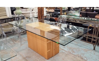 DINING TABLE, glass top, twin pedestal base, 220cm x 100cm x...