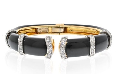 David Webb Platinum & 18K Yellow Gold Blck Enamel Diamond Cuff Bracelet