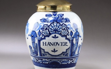 Delft earthenware tobacco jar with brass lid, 17th-18th century