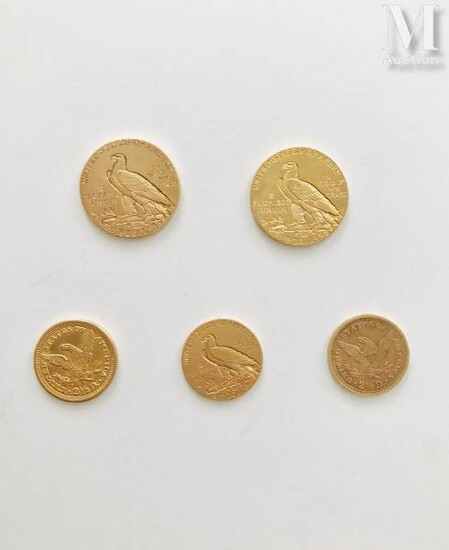 Deux pièces de 5 dollars (1910 et 1911) et trois...