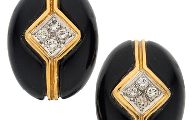 Diamond, Black Onyx, Gold Earrings Stones: Full-cut diamonds weighing...