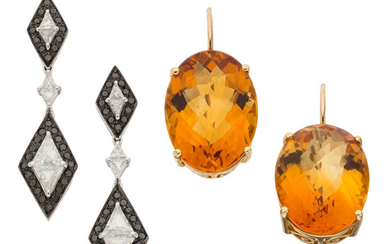 Diamond, Colored Diamond, Citrine, Gold Earrings The lot includes...