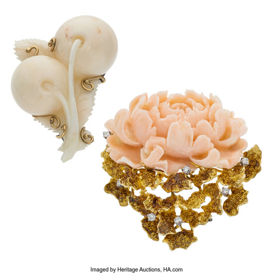 Diamond, Coral, Gold Brooches Stones: Carved coral; full-cut diamonds...