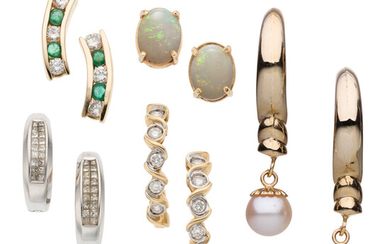 Diamond, Multi-Stone, Cultured Pearl Gold Earrings The lot includes...