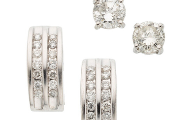 Diamond, Platinum, White Gold Earrings The lot includes a...