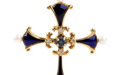 Diamond sapphire gold enamelled cross pendant