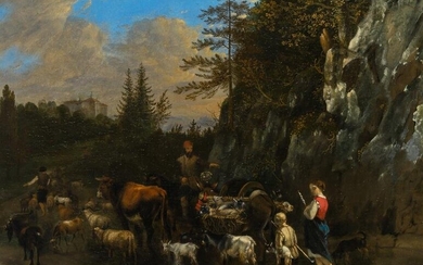 Dutch School 17th-18th Century Drovers and Livestock Crossing a Stream in a Mountainous Landscape