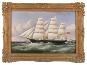 ENGLISH SCHOOL, 19th Century, A ship under sail off Dover., Oil on canvas, 20" x 30". Framed 27" x 37".