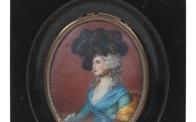 ENGLISH SCHOOL AFTER GAINSBOROUGH, 19TH CENTURY, SARAH SIDDONS, Color on ivory, 3 1/4 x 2 1/2 in. (8.3 x 6.4 cm.), Frame: 5 1/2 x 4 1/2 in. (14 x 11.4 cm.)