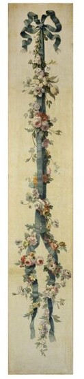 Early 19th century French school Large decorative panel decorated with a blue ribbon decorated with a garland of flowers Oil on canvas 250 x 45 cm