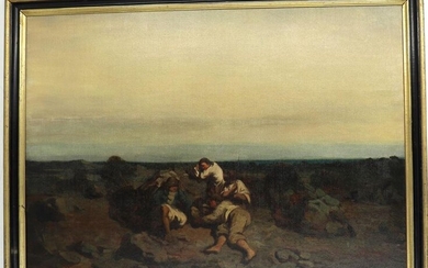 Ecole Bretonne end of XIXth century "Young bretons in the rocks", oil on canvas, unsigned, 48 x 68 cm (rentoilé)