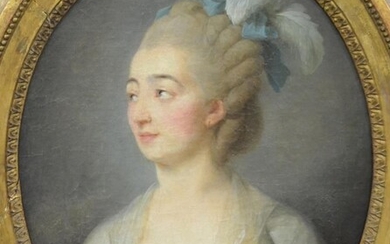 Ecole FRANCAISE du XVIIIe siècle " Portrait de jeune femme au ruban bleu et plumes...