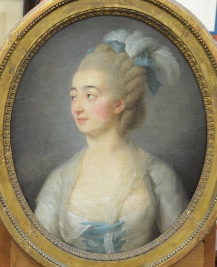 Ecole FRANCAISE du XVIIIe siècle " Portrait de jeune femme au ruban bleu et plumes...