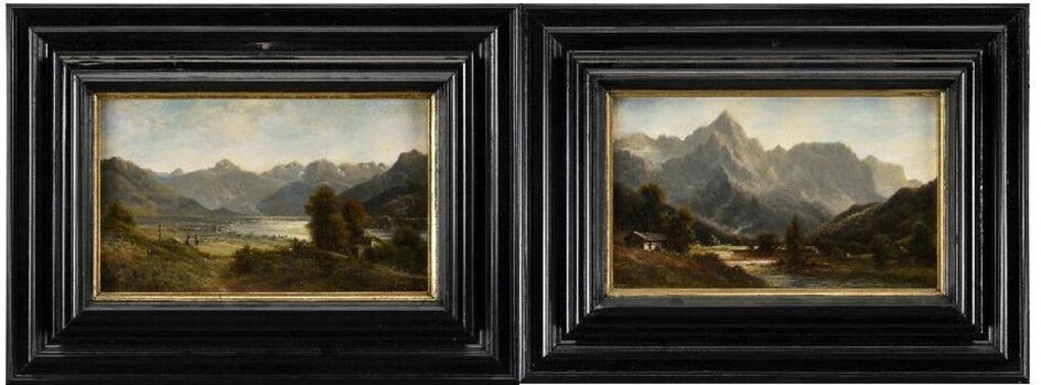 Ecole Suisse 19ème Deux paysages de montagnes Huile sur panneau 15 x 25 cm