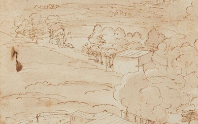 École bolonaise du XVIIème siècle Paysage montagneux animé Plume et encre brune, lavis brun Haut....