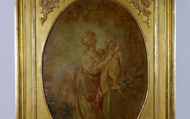 École du XIXème siècle Jeune mère Huile sur toile contrecollée sur isorel. Porte une plaque...