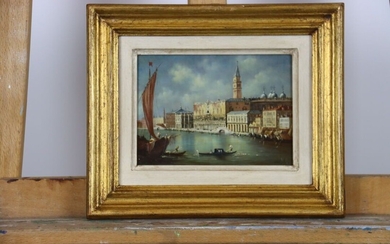 École du XXe siècle, Gondoliers sur un canal à Venise huile sur carton signée en...