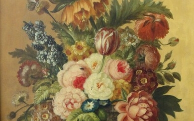 Ecole hollandaise vers 1900 Paire de bouquets de fleurs dans un vase, sur un entablement Huiles sur panneaux de chêne (fentes) 52 x 59 cm chaque ACCIDENTS