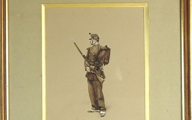 Edouard DETAILLE (1848-1912). "Le chasseur à pied du 20e bataillon". Dessin à la plume rehaussé...
