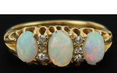Edwardian 18ct gold cabochon opal and diamond ring with orna...