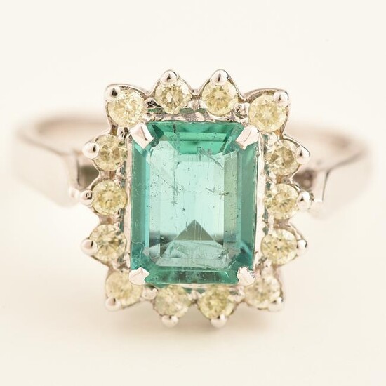 Emerald, Diamond, 14k White Gold Ring.