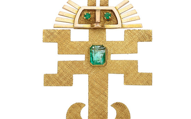 Emerald, Gold Pendant-Brooch The pendant-brooch features an emerald-cut emerald...
