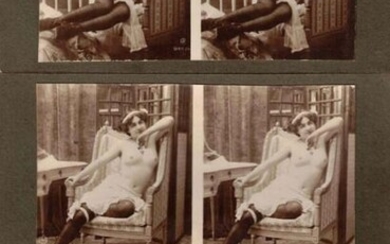 Eroticism, nude studies, debauchery and pornography. Set of more than thirty albumen and silver stereoscopic prints mounted on cardboard, some of them coloured. Circa 1880-1920. Subjects: nude studies, heterosexual and homosexual couples, costumed...